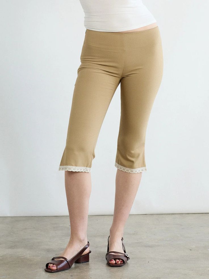 Mary Capri Pant - Black – Lisa Says Gah Fitted Bottoms With Lace Trim For Fall, Chic Stretch Bottoms With Lace Trim, Casual Fitted Bottoms With Lace Trim, Trendy Knee-length Beige Bottoms, Spring Beige Bottoms With Lace Trim, Spring Bottoms With Lace Trim And Stretch, Spring Stretch Bottoms With Lace Trim, Stretch Bottoms With Lace Trim For Spring, Casual Stretch Bottoms With Lace Trim