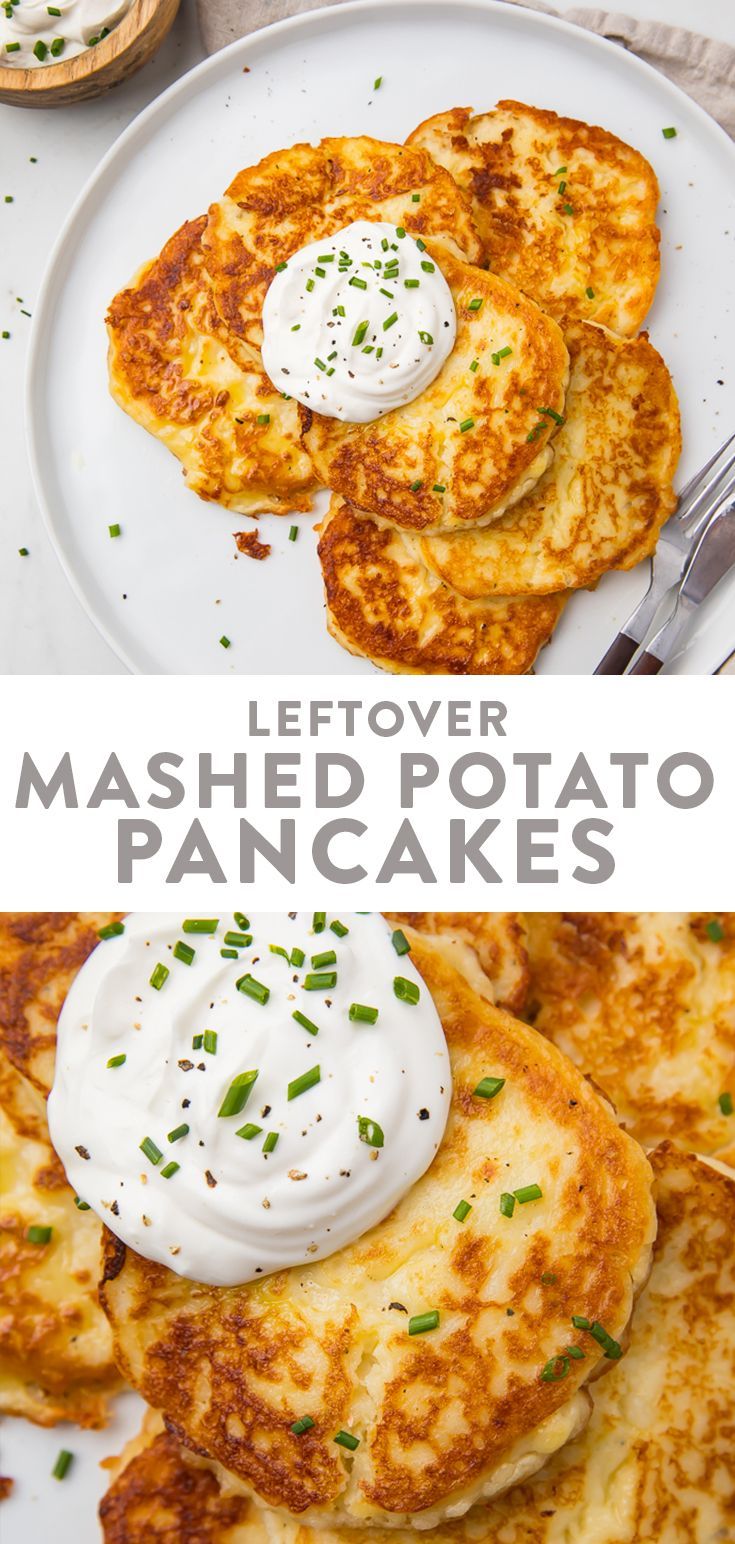 pancakes with whipped cream on top and the words leftover mashed potato pancakes above