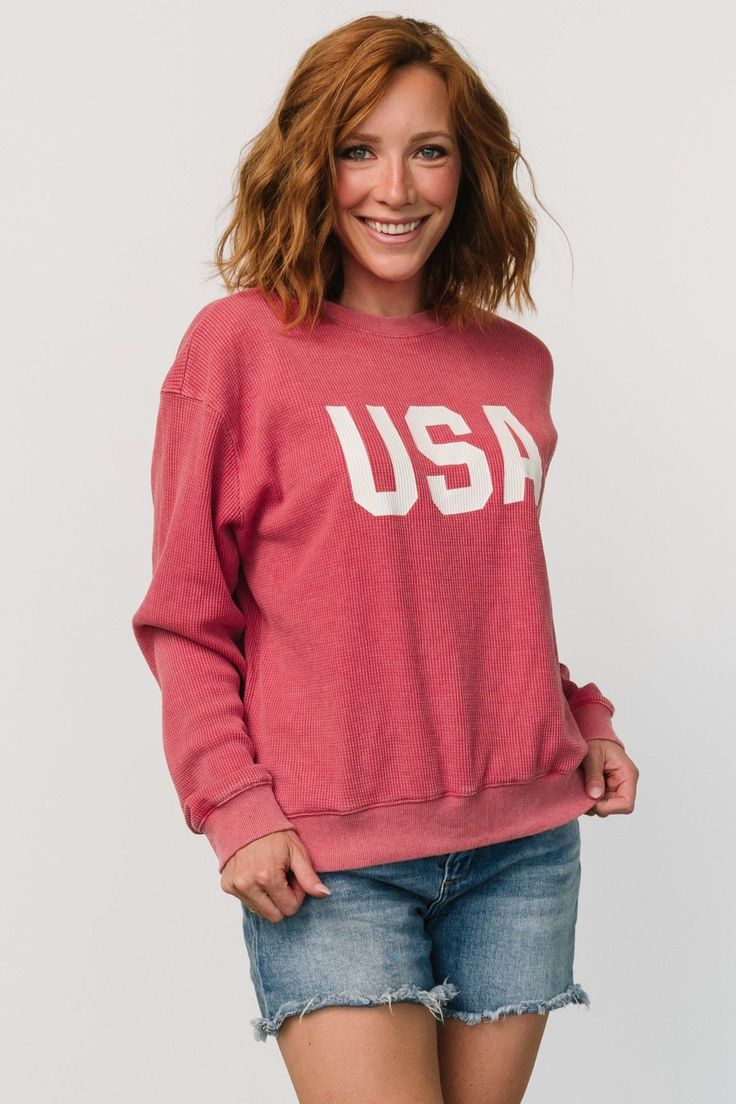 USA Sweater Top | Washed Red Red Patriotic Top For Fall, American Flag Print Relaxed Top For Fall, American Flag Print Relaxed Fit Top For Fall, Casual Sweatshirt With American Flag Print For Fall, Casual American Flag Print Sweatshirt For Fall, Casual American Flag Print Tops For Fall, Relaxed Fit American Flag Print Top For Fall, Casual 4th Of July Sweatshirt With Letter Print, Casual 4th Of July Crew Neck Sweatshirt