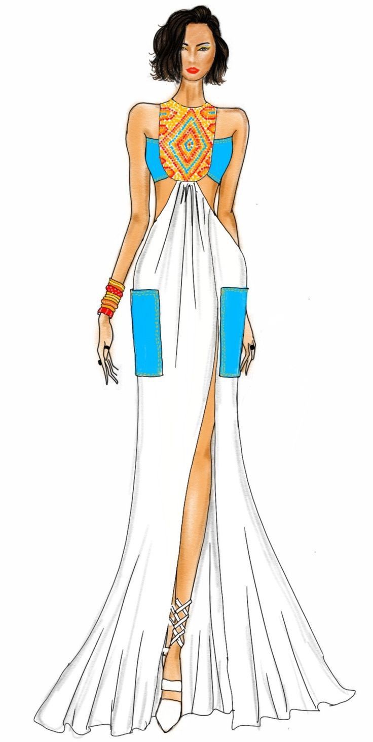 a drawing of a woman in a white dress with blue and yellow accents on her chest