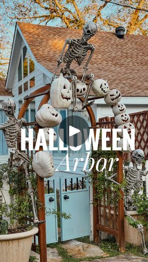 halloween decorations in front of a house with the words hallowen arbor above it