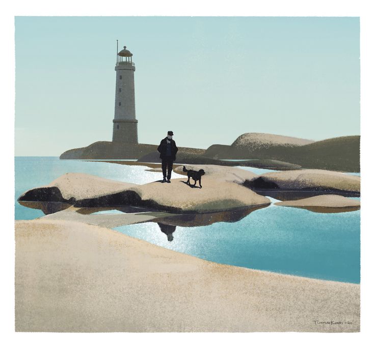 a man and his dog are standing in front of a lighthouse