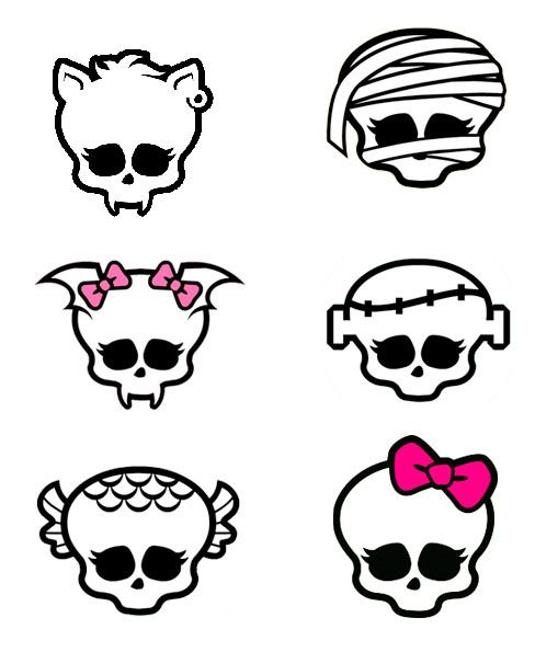 six skulls with different hair styles and bows