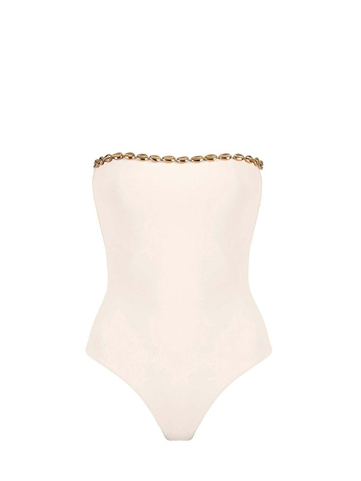 The Nancy in Latte by Seashell is a high cut One-Piece swimsuit. Dive into luxury with this strapless one-piece swimsuit adorned with opulent gold seashell hardware. Designed for the fashion-forward beachgoer, this swimsuit effortlessly combines elegance and allure.
 Size: S, M, L, XL, XXL Elegant Gold Swimwear For Poolside, Luxury One-piece Swimwear For Summer, Luxury Fitted Beach Swimwear, Luxury Fitted Swimwear For Summer, Luxury Summer Swimwear For Vacation, Luxury Gold Swimwear For Summer, Luxury One-piece Swimwear For The Beach, Elegant Gold Swimwear For Summer, Gold Summer Evening Swimwear