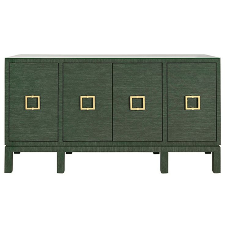 a green cabinet with gold handles and drawers