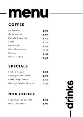 a menu for a coffee shop with prices on the front and back pages in black