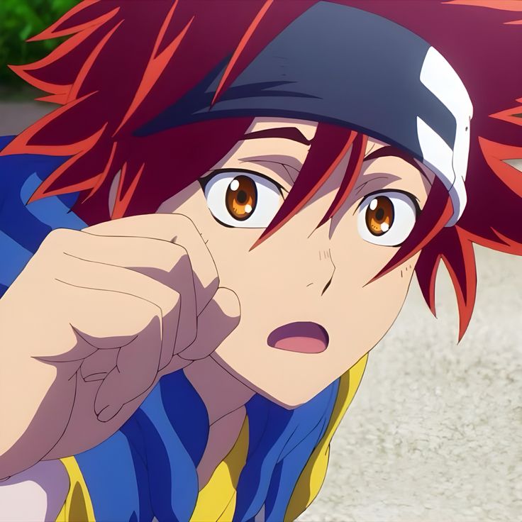 an anime character with red hair and orange eyes looks at the camera while holding his hand to his face