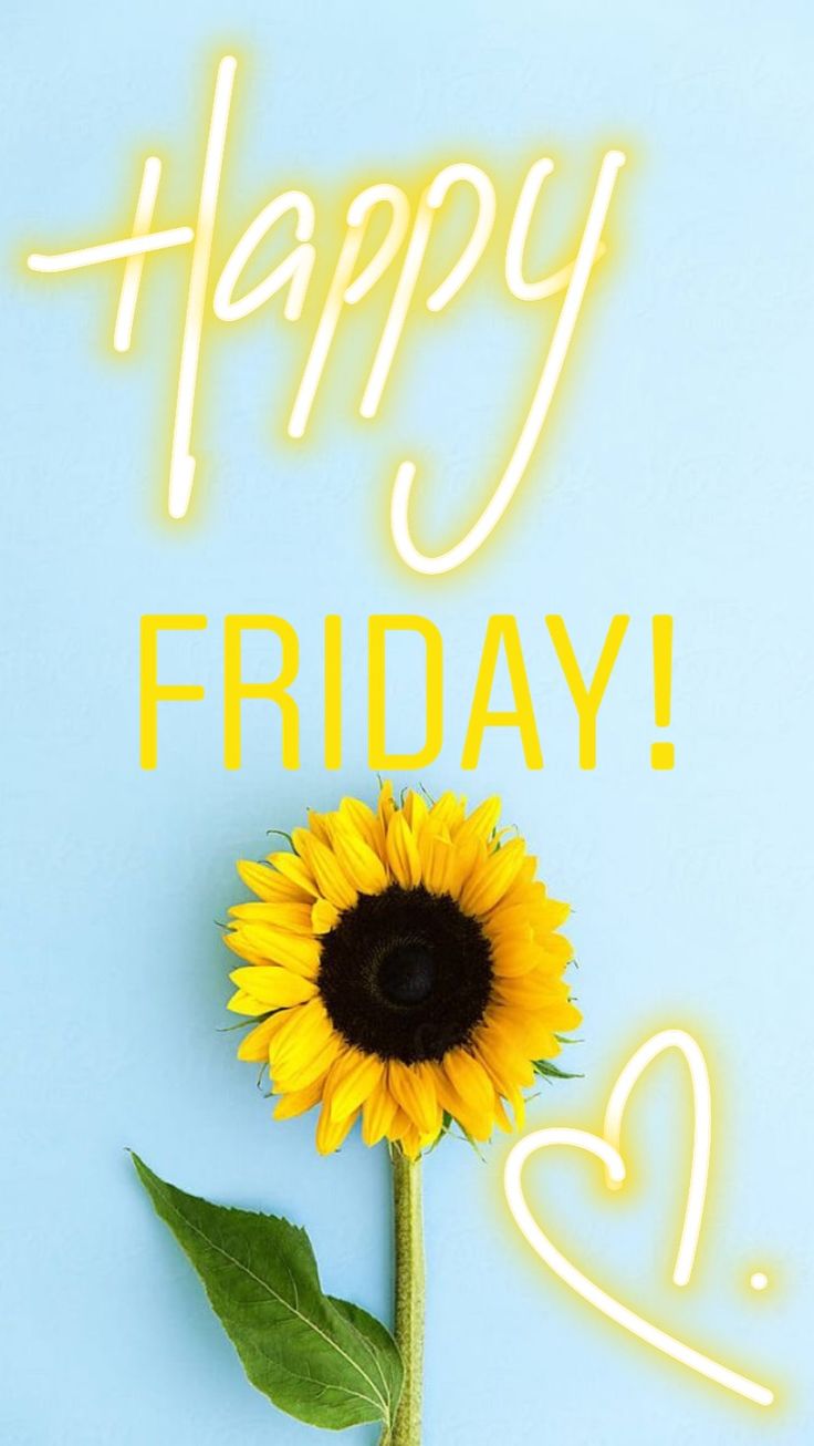 a yellow sunflower with the words happy friday written in white on a blue background