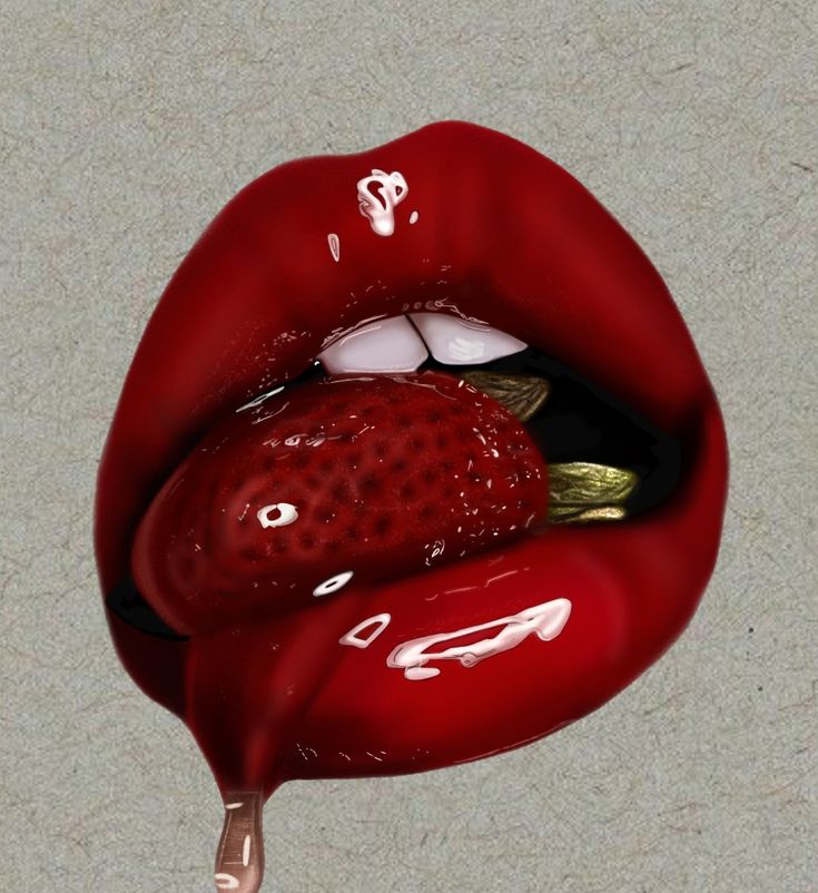 a red lip with some liquid dripping from it's mouth and a strawberry in the middle