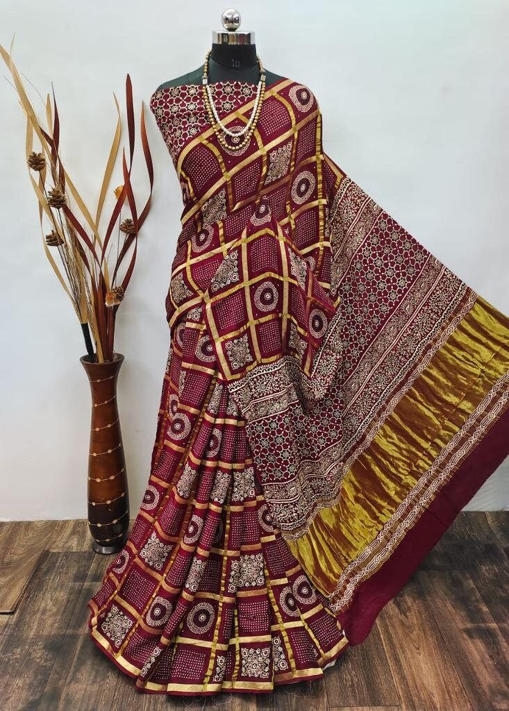 Dharti Bandhani Presenting pure Gajji Silk Ajrakh print, with traditional block print design with desiner blouse. Designer Saree, Saree Designs, Block Print, Beauty Book, Art Collection, Print Design, Bathing Beauties, Saree, India