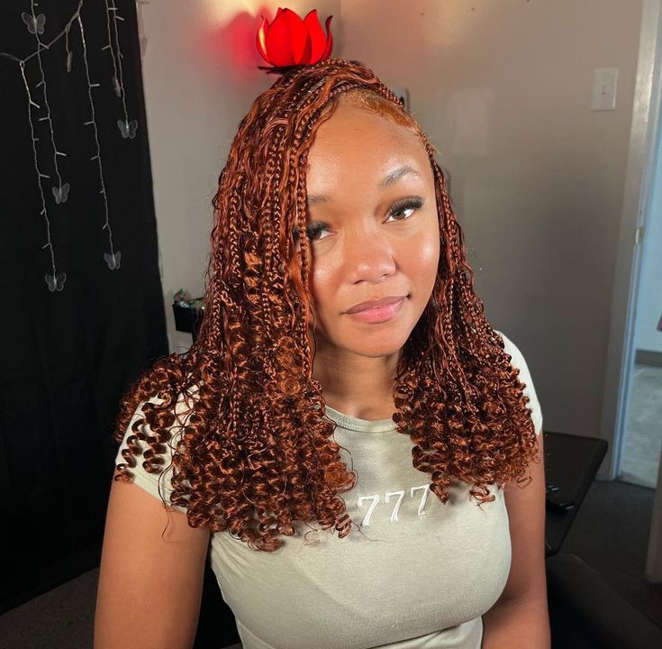 Ginger Bob Braids, Short Ginger Boho Braids, Ginger Braids With Black Roots, Ginger Boho Bob, Ginger Short Braids, Short Ginger Braids, Ginger Braids Black Women, Mixing Hair Color, Cutest Hairstyles