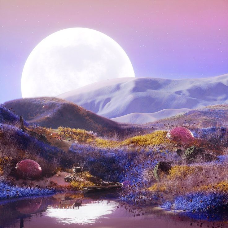 the moon is shining in the sky over some hills and water with blue flowers on them