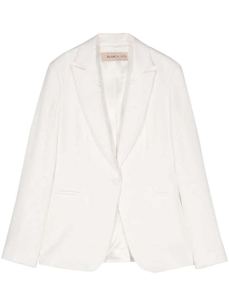 optical white twill weave peak lapels shoulder pads long sleeves with buttoned cuffs two front button-fastening jetted pockets American rear vent full lining front button fastening Tomie Aesthetic, Blazer White, Twill Weave, News Anchor, White Button Up, Going Out Outfits, White Blazer, Blazers For Women, Outerwear Women