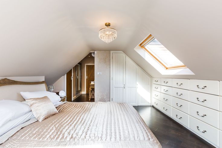 an attic bedroom with white bedding and drawers