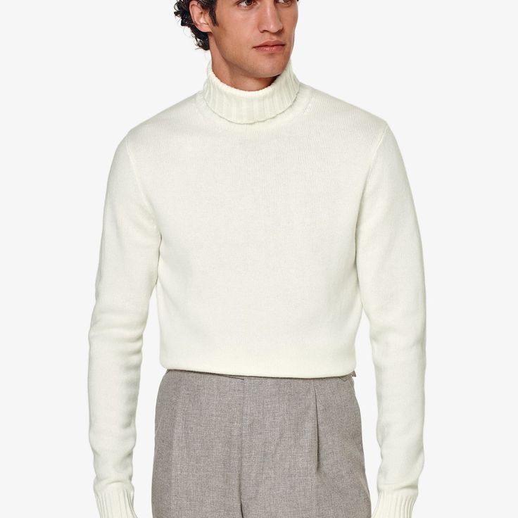 A classic style in a luxurious cashmere blend, this off-white turtleneck sweater is a richly structured and elegantly simple addition to your winter wardrobe whether it's on its own or under a tailored jacket. White Long Sleeve Turtleneck For Work, Elegant Cream Polo Sweater For Fall, Fitted Winter White Sweater For Workwear, Formal Fitted Solid Color Sweater, Elegant Winter White Sweater For Work, Classic White Long Sleeve Turtleneck, Elegant Turtleneck Sweater In Winter White, Elegant Business Sweater For Winter, Luxury Winter Sweater For Formal Occasions