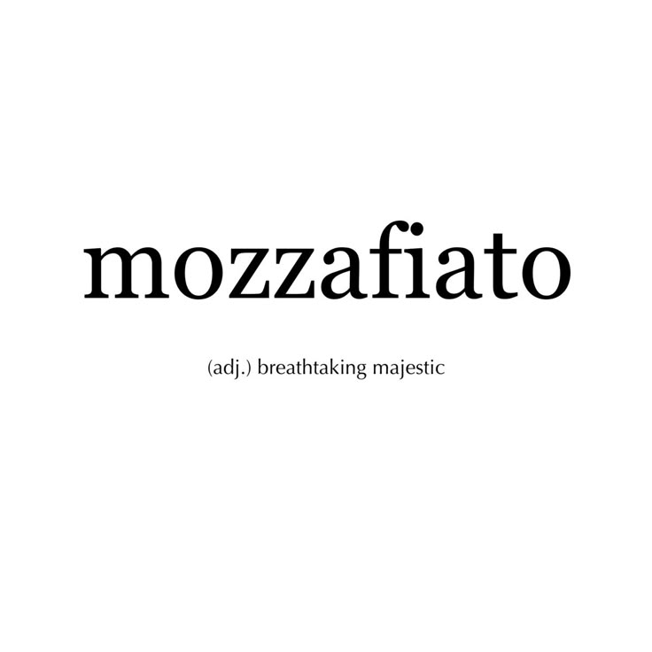 the words mozzafiato are written in black and white on a white background