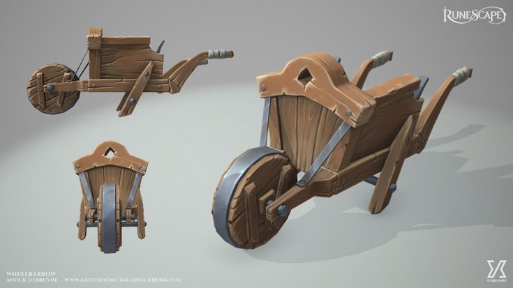 an old fashioned wooden cart with wheels and spokes is shown in three different angles