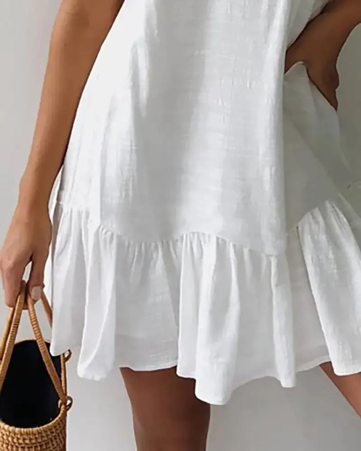 Lasaky - Spahgetti Strap Ruffles Hem Casual Dress Flowy Casual Sundress With Ruffle Hem, Casual Flowy Sundress With Ruffle Hem, Ruffled Sundress For Summer, Casual Dresses With Layered Hem For Day Out, Solid Ruffled Mini Sundress, Casual Tiered Sundress With Ruffle Hem, Solid Color Ruffled Sundress For Vacation, Solid Color Mini Sundress With Ruffles, Casual Sundress With Ruffle Hem For Brunch