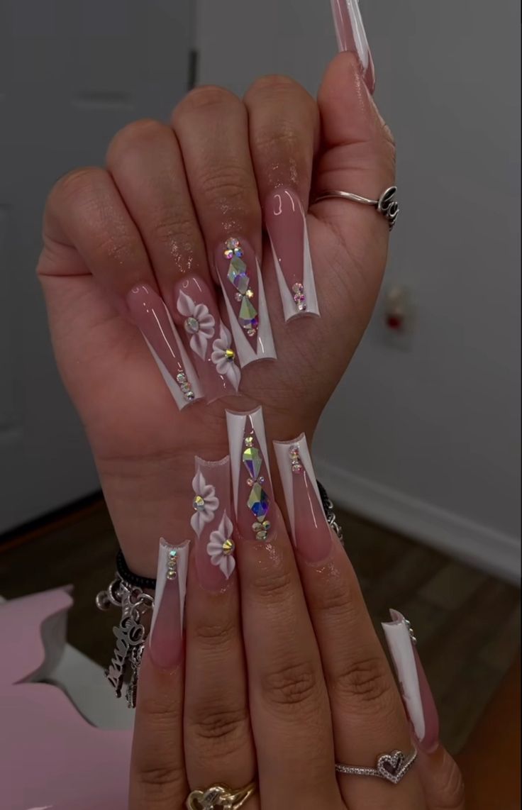 Bling Nails With 3d Flowers, Nail Ideas Blinged Out, Buchona Nails Acrylic, Nail Ideas Bling, Ombre Nails With Gems, 3d Flower Nails Acrylics, Taurus Nails, Bedazzled Nails, 3d Flower Nails