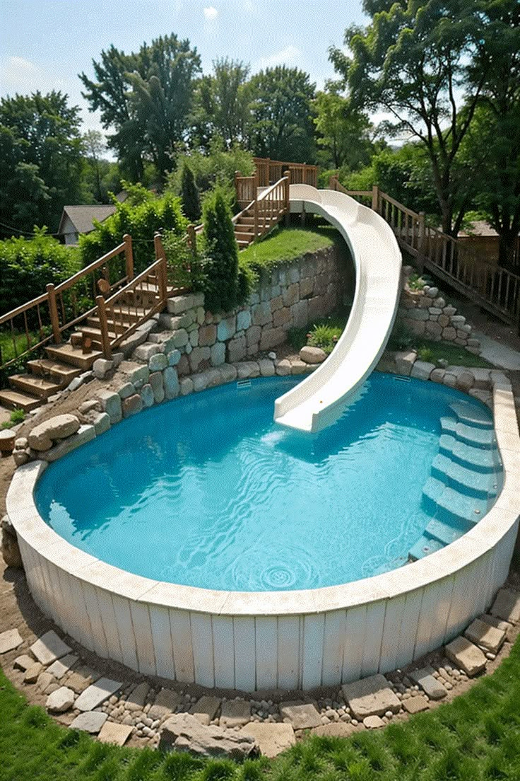 an above ground swimming pool with a slide in the middle and steps leading up to it