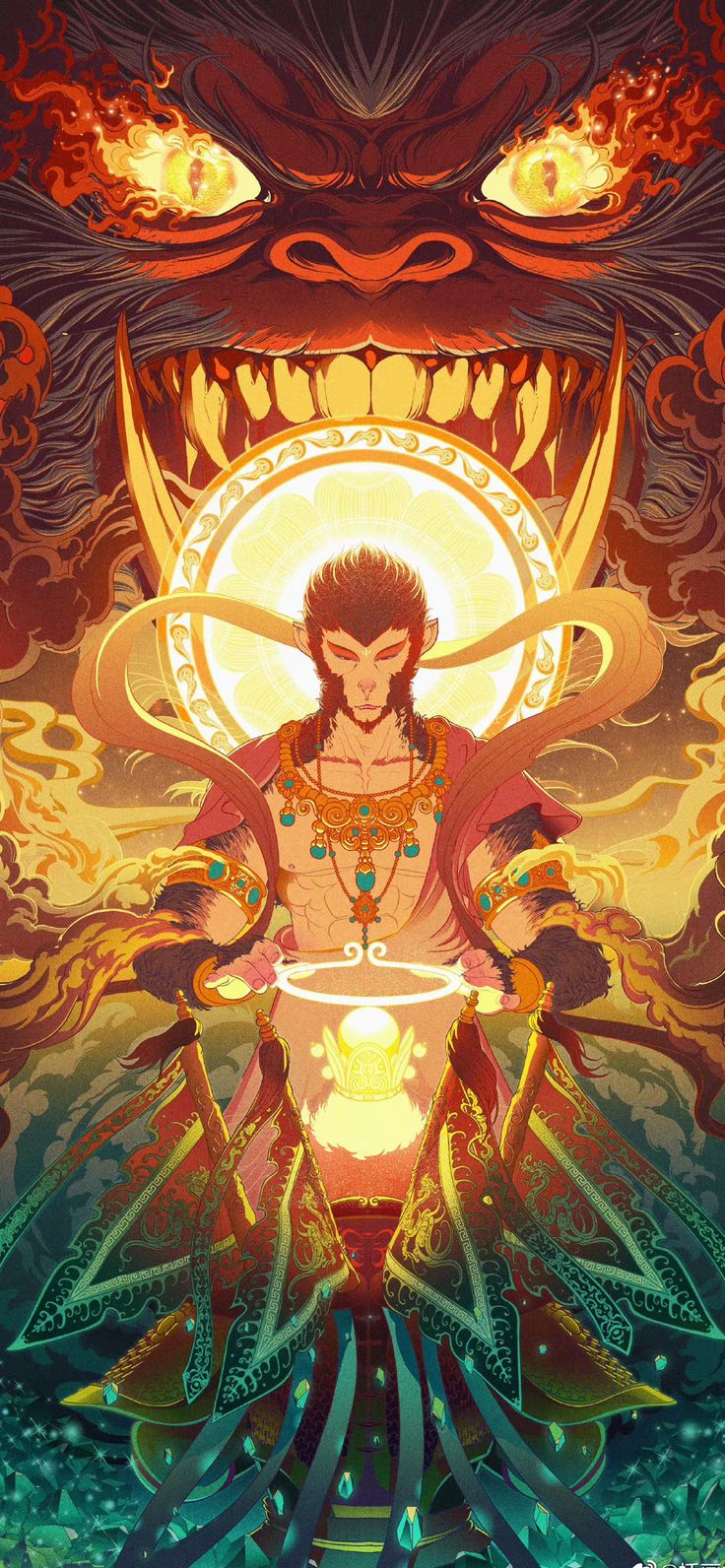 an illustration of a woman holding a bowl in front of a demon