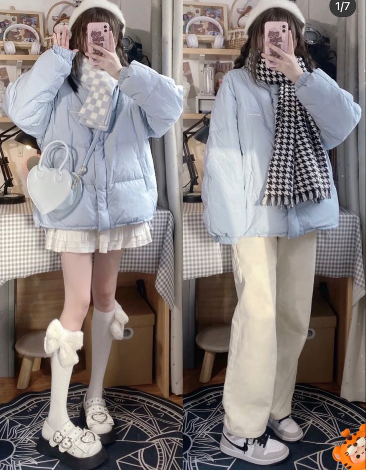 Soft Winter Aesthetic Outfits, Blue Outfit Aesthetic Winter, Blue Winter Outfits Aesthetic, Blue Winter Aesthetic Outfit, Winter Cute Outfits Korean, Xiaohongshu Winter Outfits, Winter Outfits Chinese, Winter Outfits Douyin, Winter Outfits Aesthetic Cold Weather