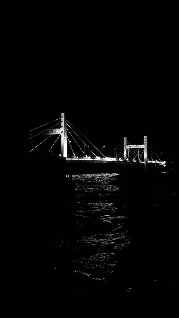 a black and white photo of a bridge in the water at night with lights on it