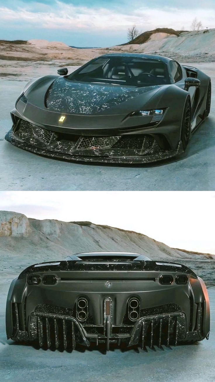 the front and side view of a black sports car