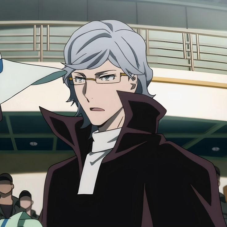 an anime character with grey hair and glasses standing in front of a building while looking at the camera