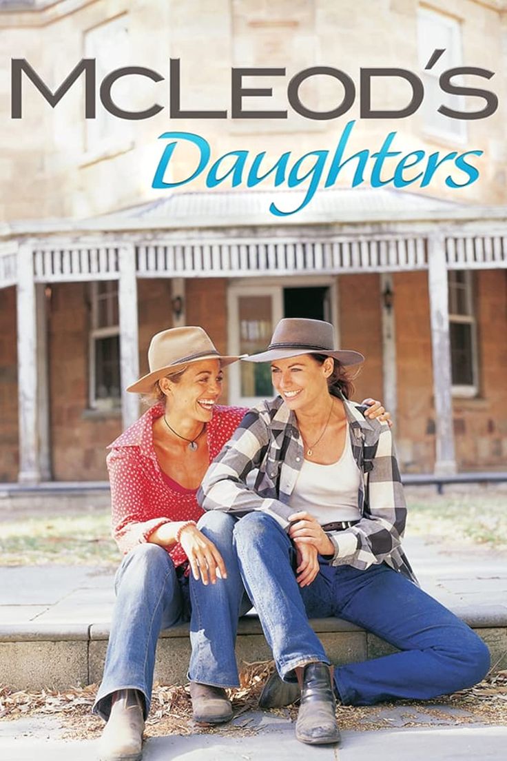 two women sitting on a bench in front of a building with the words mcleaod's daughters