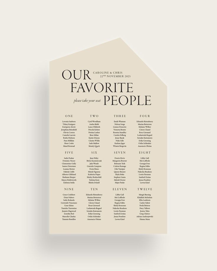 the seating chart for our favorite people is shown in black and white, with an elegant font