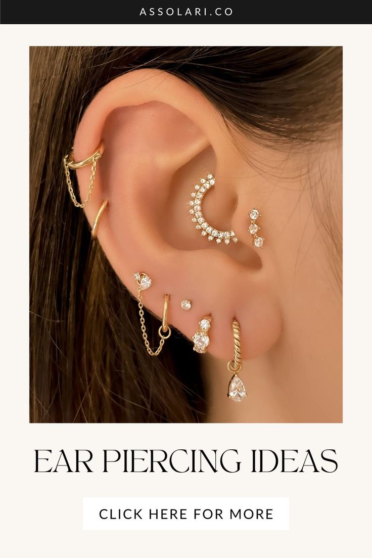 a woman's ear with three different types of piercings