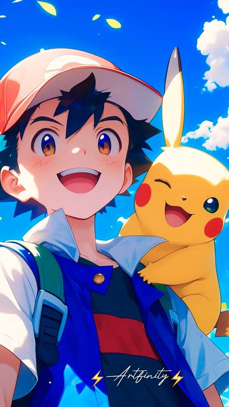 an anime character holding a pokemon pikachu