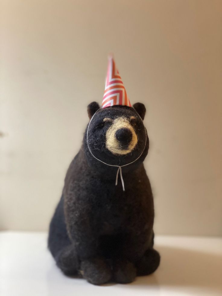 a stuffed bear with a party hat on