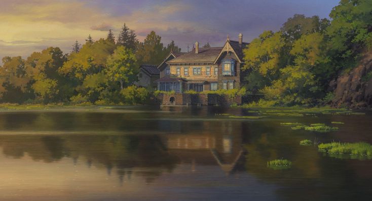 a painting of a house on the shore of a lake with trees in the background