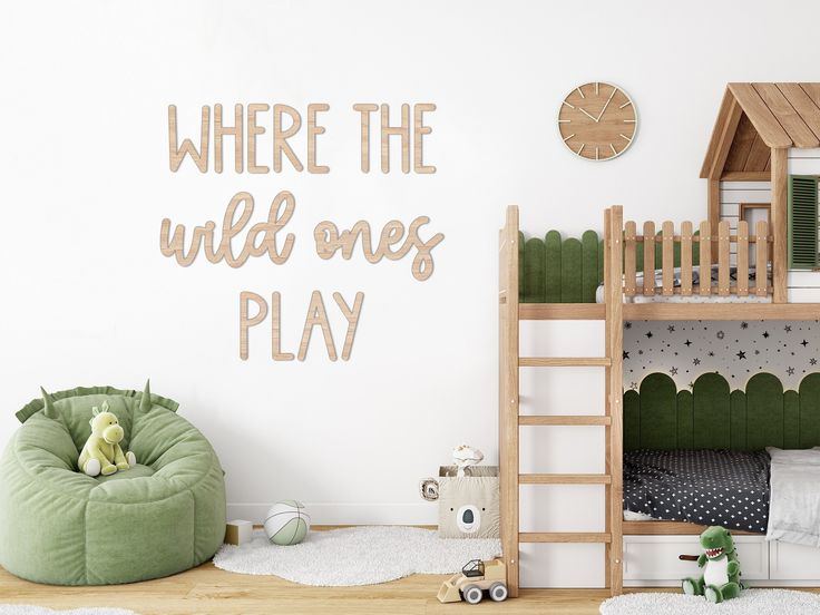 a child's bedroom with a bunk bed, green bean bag chair and white walls