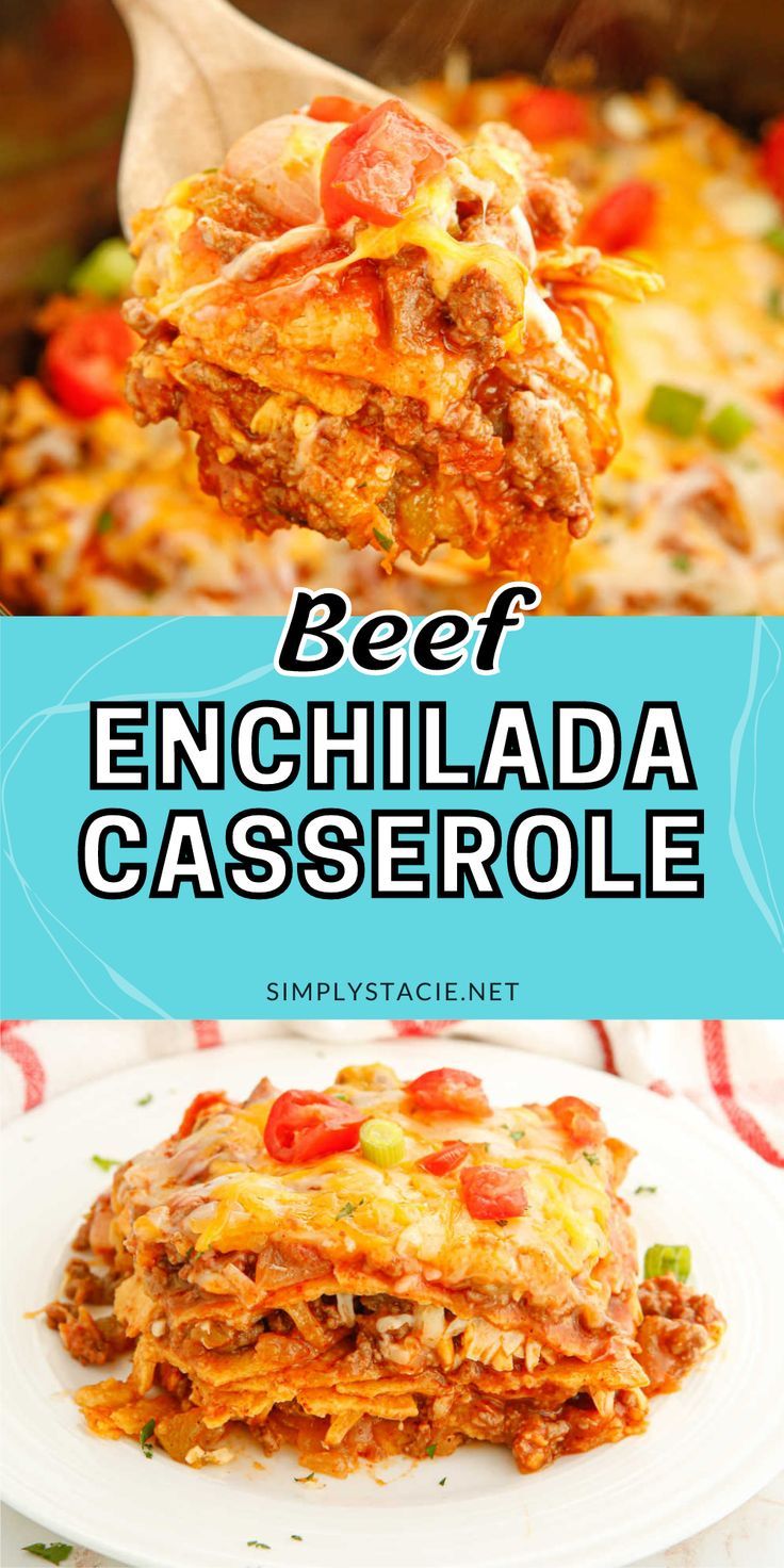 Two image collage of beef enchilada casserole. First image is the casserole on a serving spoon. Second image is a piece served on a plate. Quick Enchilada Casserole, Make Ahead Enchilada Casserole, Casseroles With Tortillas, Easy Enchilada Bake, Mexican Casserole With Tortillas, Dinner Recipes With Beef Ground Meat, 2 Night Dinners, Baked Enchilada Casserole, Frito Enchilada Casserole