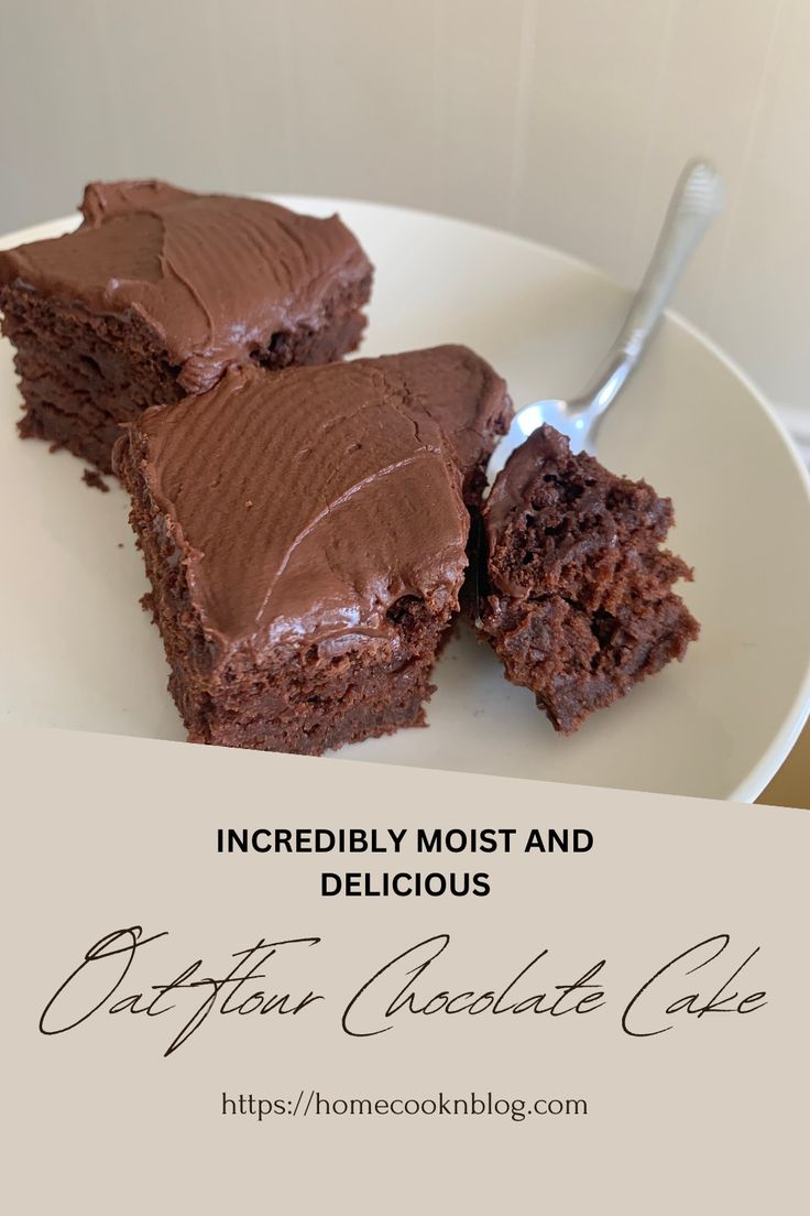 two pieces of chocolate cake sitting on top of a white plate with the words incredibly moist and delicious