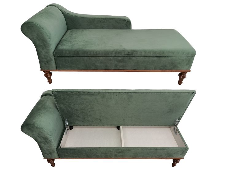 two green velvet sofas with white cushions