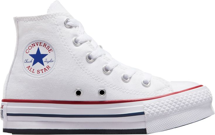 Design Durable canvas upper for that classic Chucks look and feel Elevated platform for added height Iconic Chuck Taylor ankle patch and All Star license plate In-Shoe Comfort EVA foam has a lightweight feel Soft foam underfoot cushioning for comfortable play Additional Details This shoe tends to run a half size large Best White Sneakers, Classic Converse, Girls Converse, Converse White, Casual Trainers, Dad Shoes, White Converse, Women's Converse, Converse Sneakers