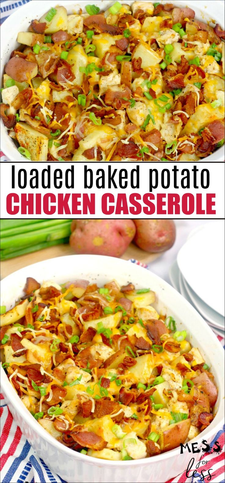 loaded baked potato chicken casserole in a white dish