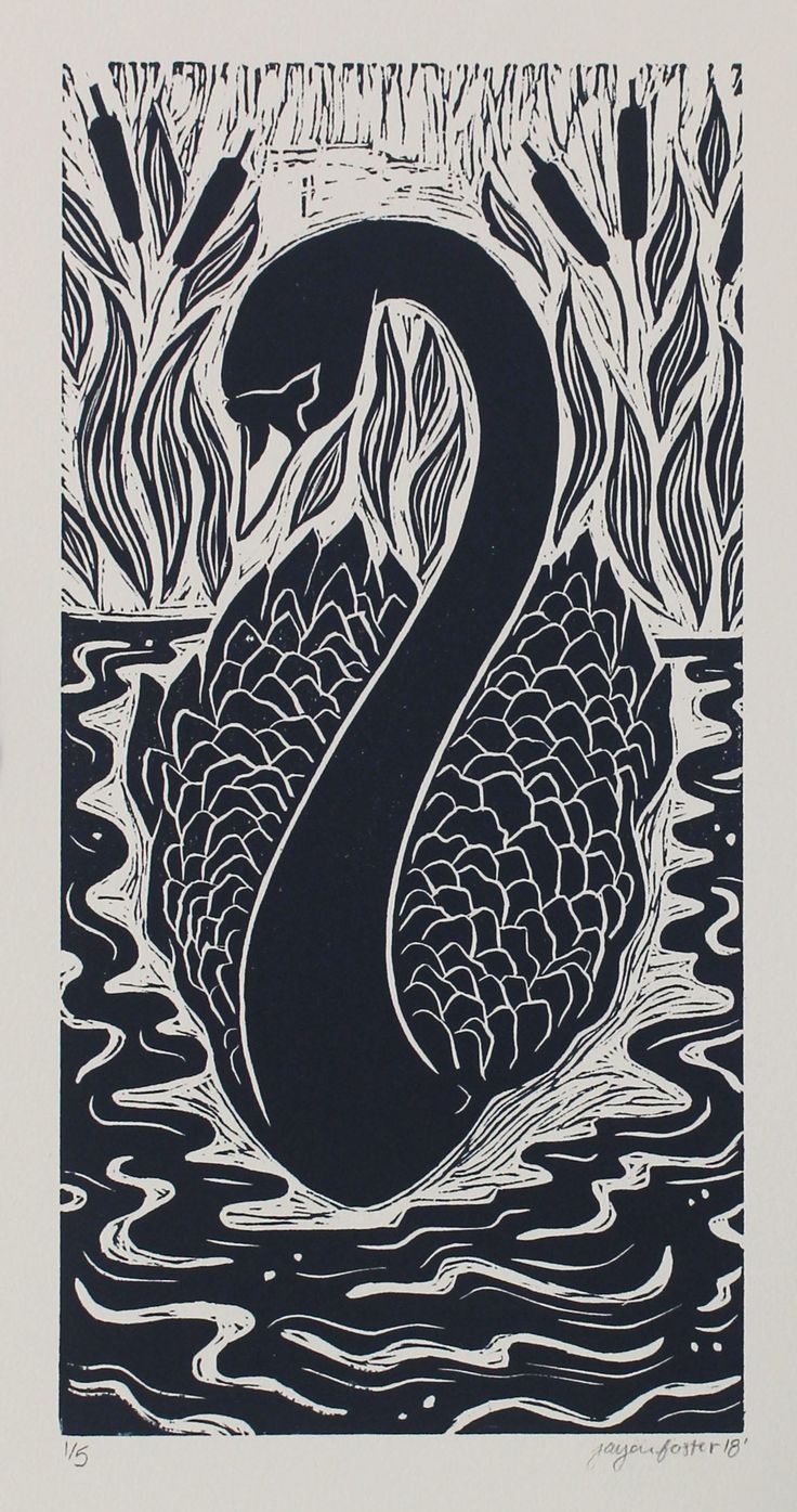 a black and white drawing of a swan in the water with flames coming out of it