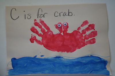 a child's handprint is displayed on a sign that reads cis for crab