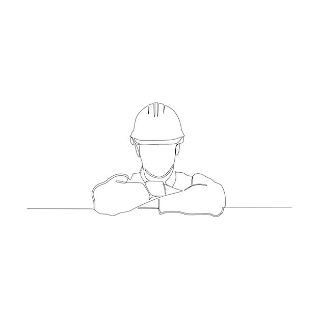 a drawing of a man wearing a hard hat sitting at a table with his arms crossed