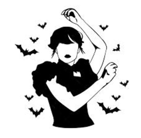 a black and white drawing of a woman dancing with bats around her neck, on a white background