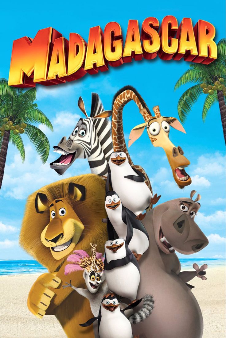 the madagascar movie poster with many animals on it's back and palm trees in the background