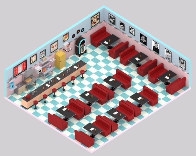 an overhead view of a restaurant with tables and booths on checkered tile flooring