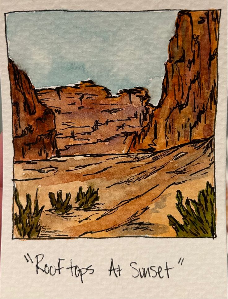 a drawing of a desert scene with rocks and cactus trees in the background that says root tips at sunset