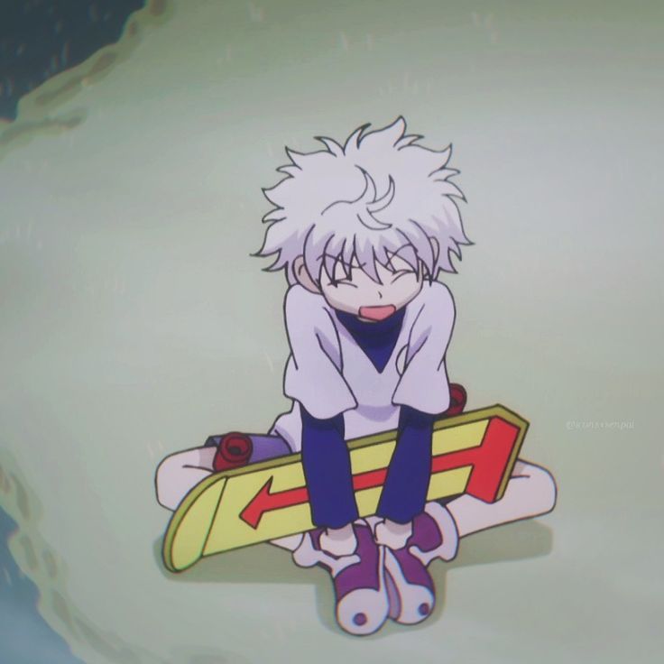 an anime character sitting on top of a skateboard