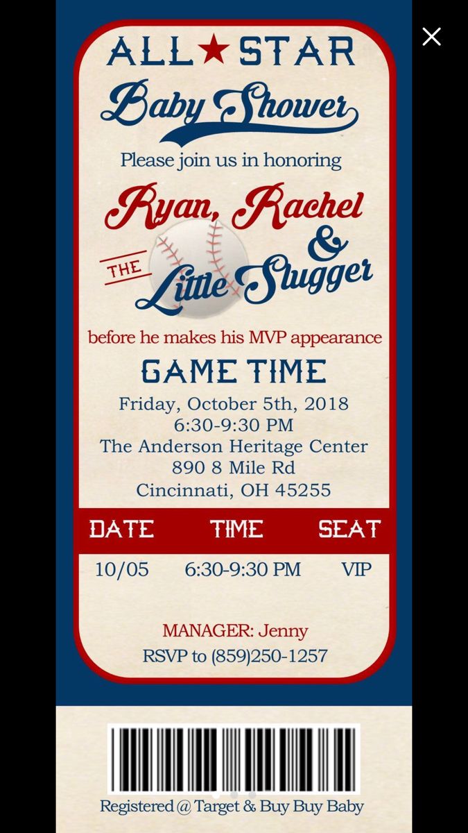 a ticket for an all star baby shower is shown in red, white and blue